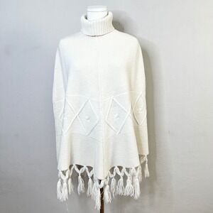Lily Stanhope Cream Wool Blend Turtleneck Poncho Diamond Knit Fringe L/XL